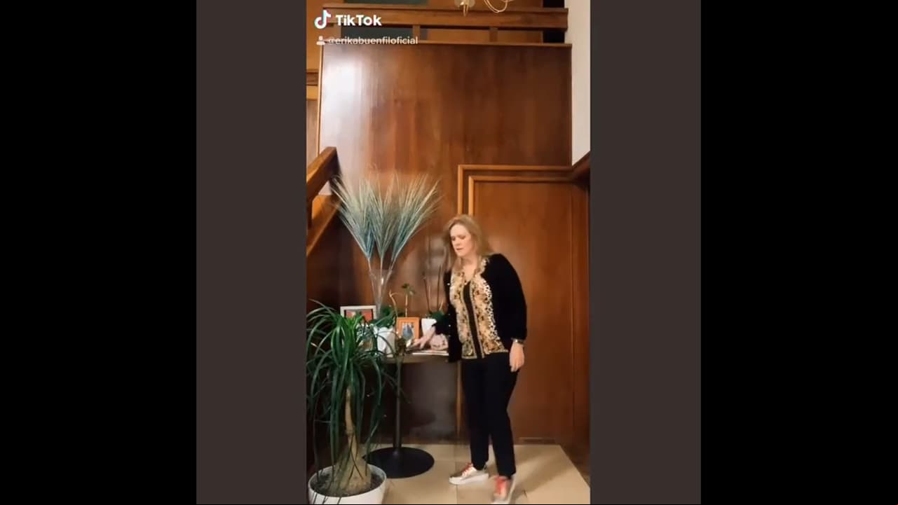 La casa de Erika Buenfil cuenta con acabados en caoba, los cuales son más perceptibles en la estancia del inmueble, ya que se observa casi toda una pared forrada en madre, que hace juego con el barandal de la escalera.