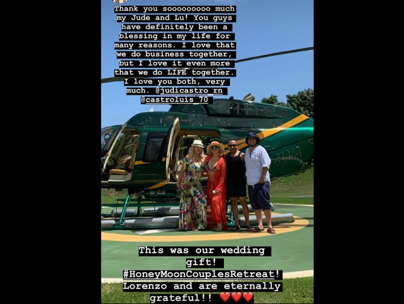 “Muchas gracias Jude y Lu. Ustedes han sido una bendición en mi vida por muchas razones. Amo hacer negocios juntos, pero amo aún más lo que hacemos juntos. Este fue nuestro regalo de bodas #RetiroDeParejasDeLunaDeMiel. Lorenzo y yo estamos eternamente agradecidos”, dijo.