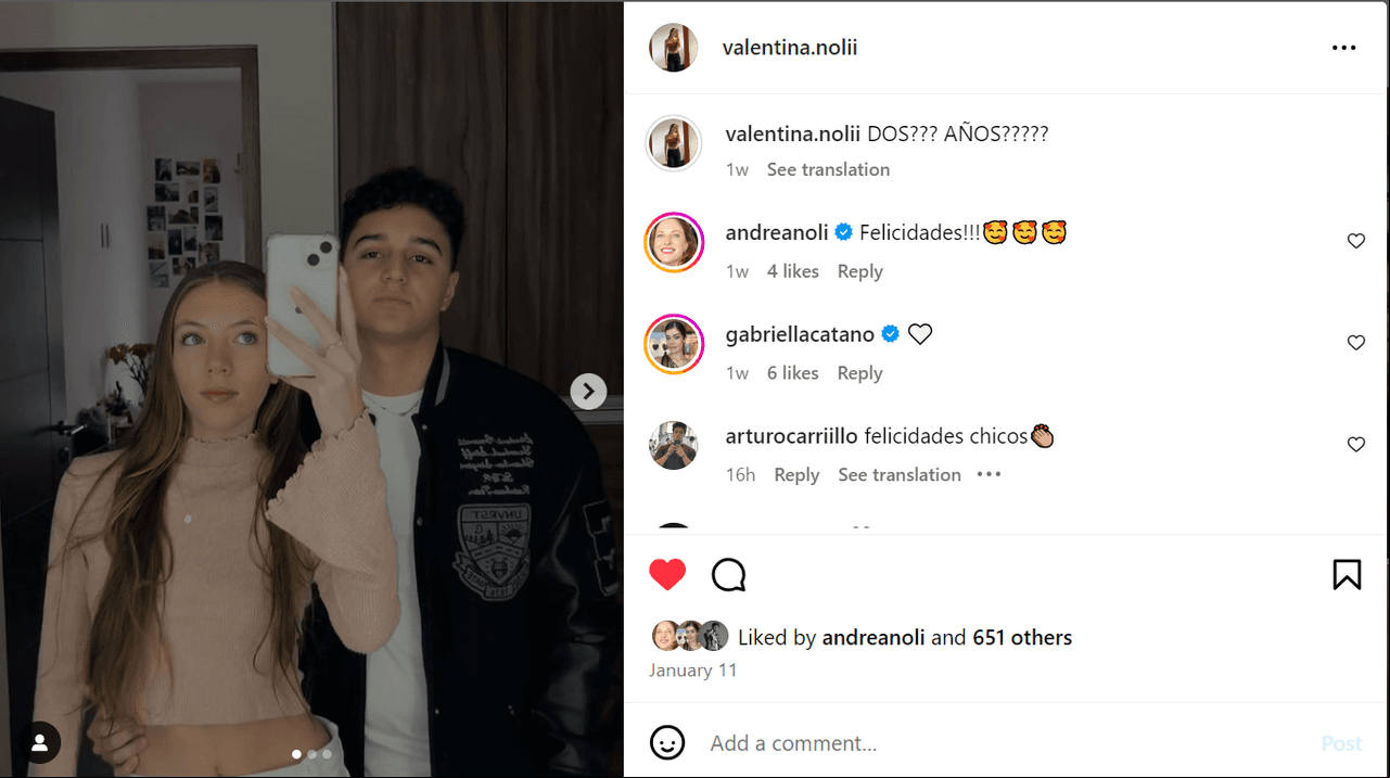 Valentina Noli celebró dos años con su novio, Arturo Carrillo.