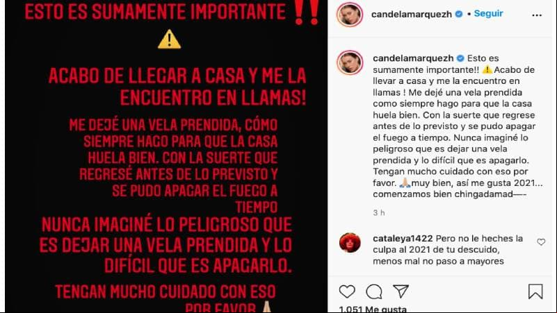 Posteo de Candela Márquez sobre el incendio en su casa