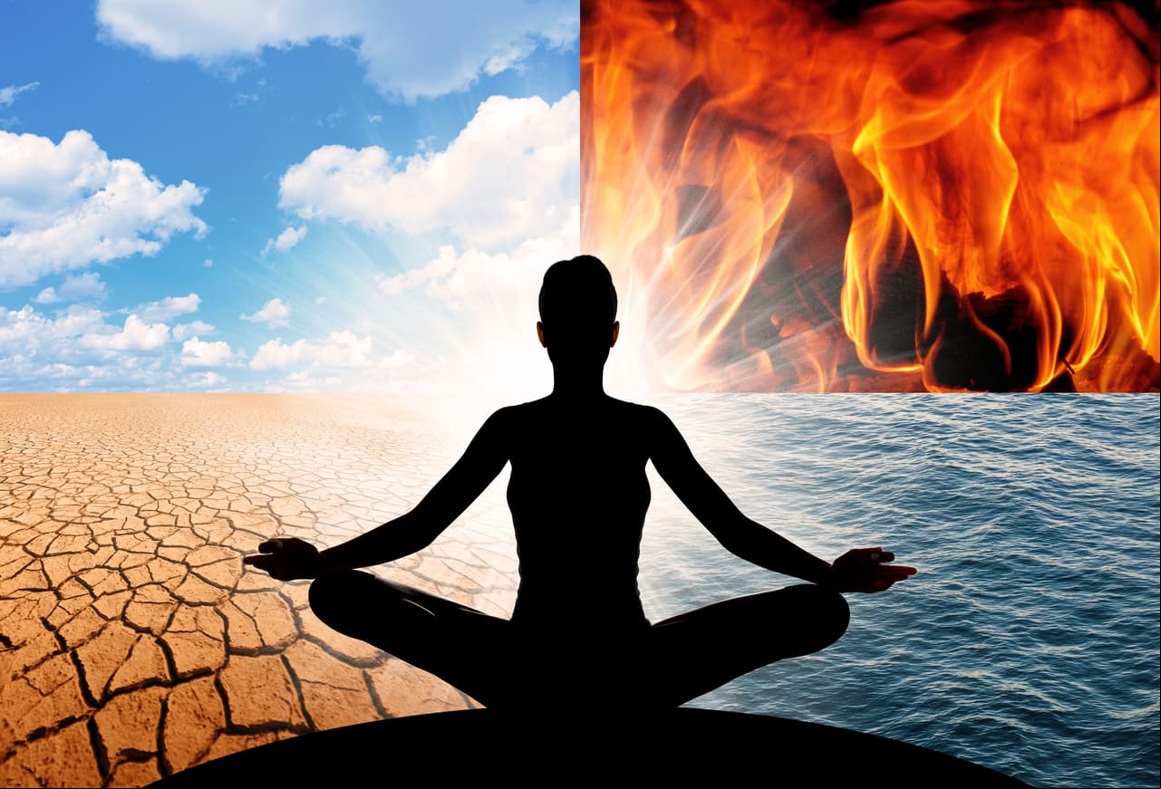Concept of Yoga and the four elements of the Universe, fire, water, earth, and air. They make up all that is, everything we see around us, and everything we are.