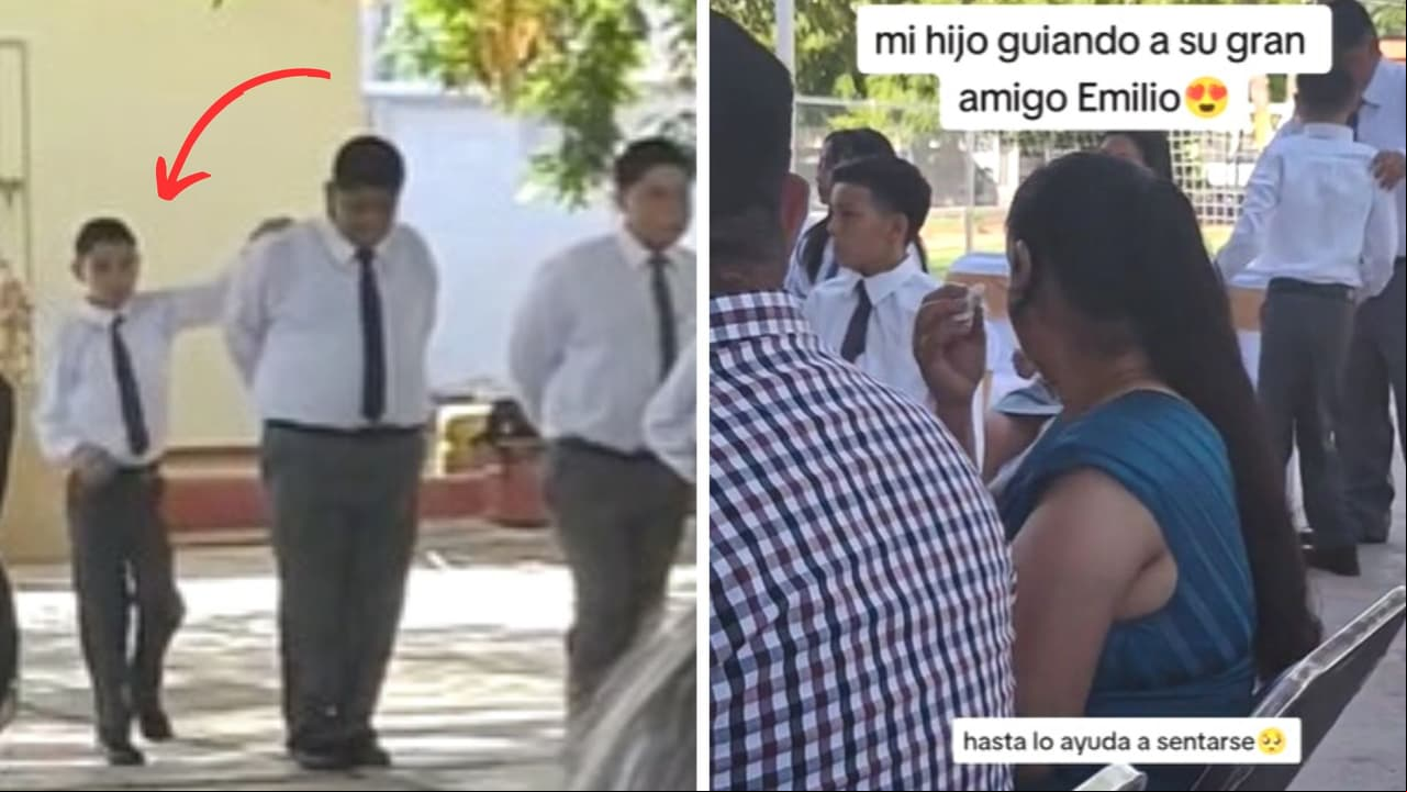 Niño enternece en redes por guiar a su mejor amigo con discapacidad visual en vals escolar