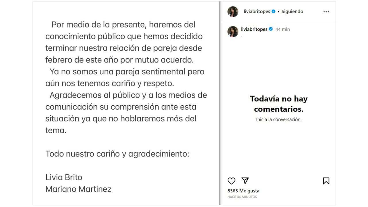 Livia Brito anuncia fin de su romance con Mariano Martínez.