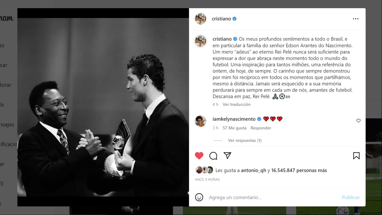 Personalidades de diversas disciplinas del deporte, políticos, estrellas de cine, instituciones y algunos de los estadios históricos del futbol Mundial se rindieron en palabras de iración hacia Pelé tras su muerte.