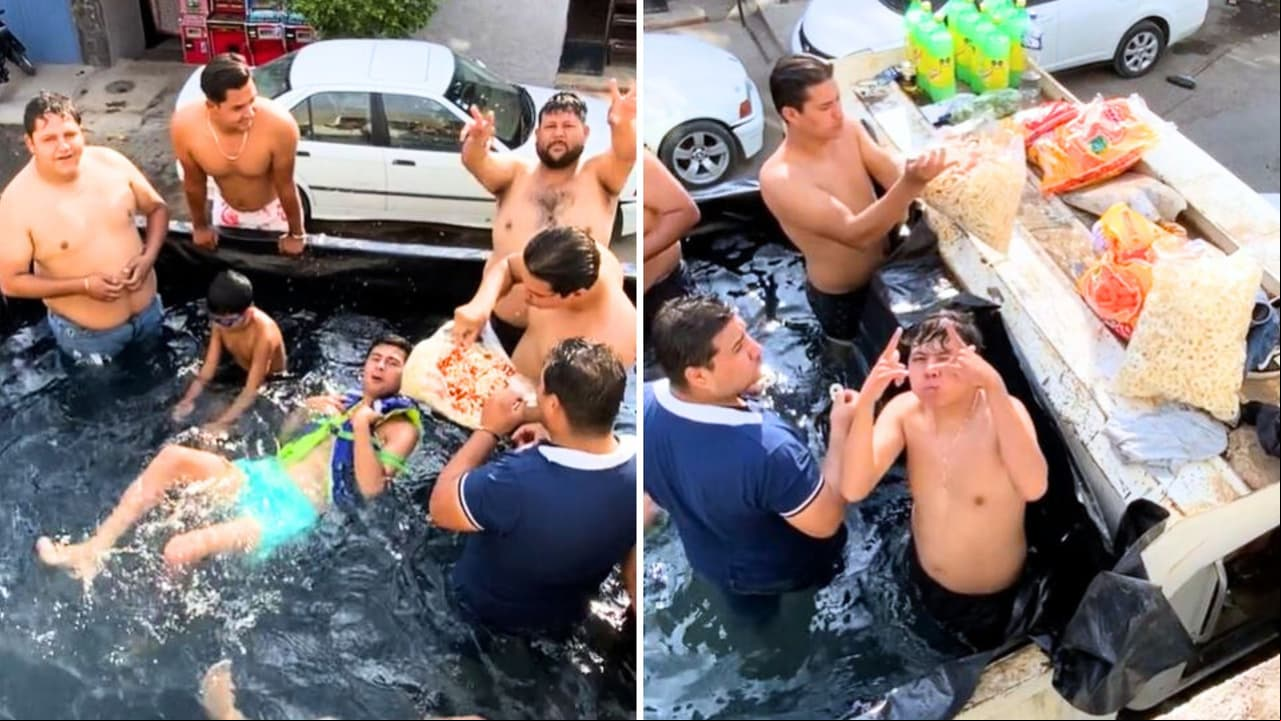 Hombres construyen alberca en camión de materiales: aplauden su creatividad e ingenio en redes
