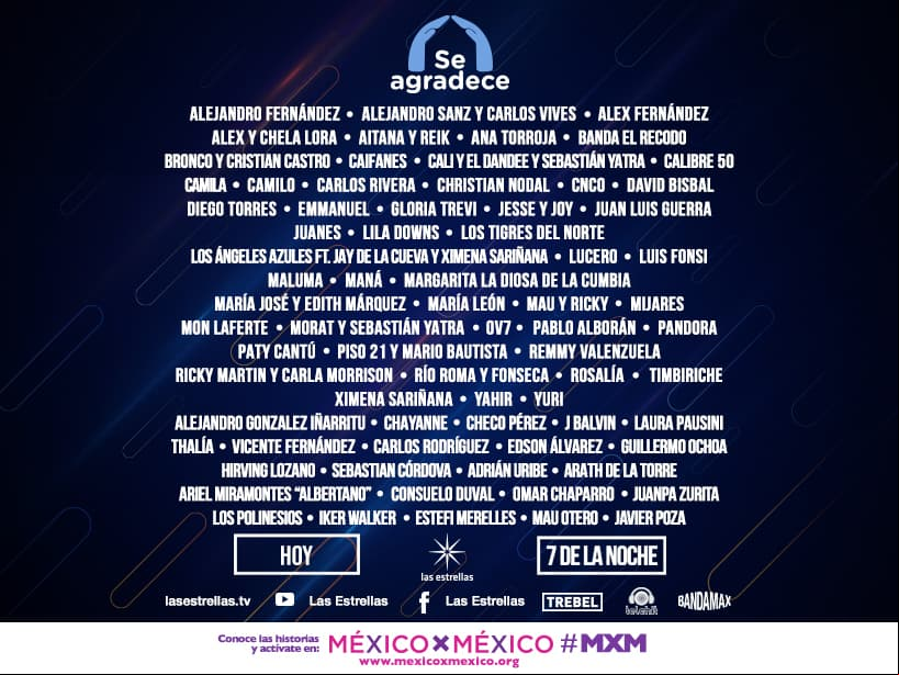 Con el fin de realizar un merecido homenaje a los héroes de esta pandemia, Televisa reunirá a grandes celebridades del mundo de la música este sábado 30 de mayo en el concierto ‘Se agradece’. A continuación te compartimos algunas de las colaboraciones musicales que podrás disfrutar a través de la transmisión por 
<b>lasestrellas-tv.peliculasyseries.biz </b>y en las cuentas oficiales de Las Estrellas en YouTube y Facebook, así como en Telehit, Bandamax y 
<b>TREBEL.</b>