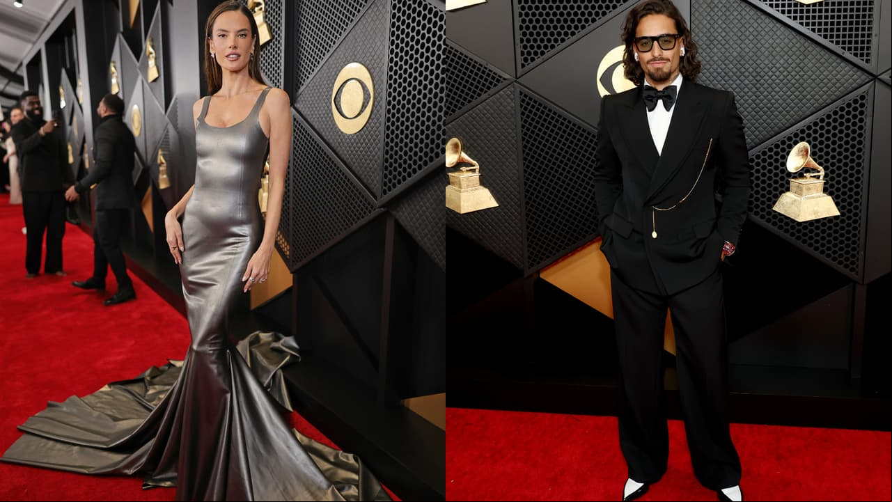 La modelo Alessandra Ambrosio se unió a la tendencia metálica que se hizo presente en la alfombra roja de los Premios GRAMMY 2024, mientras que Maluma llegó con este esmoquin.