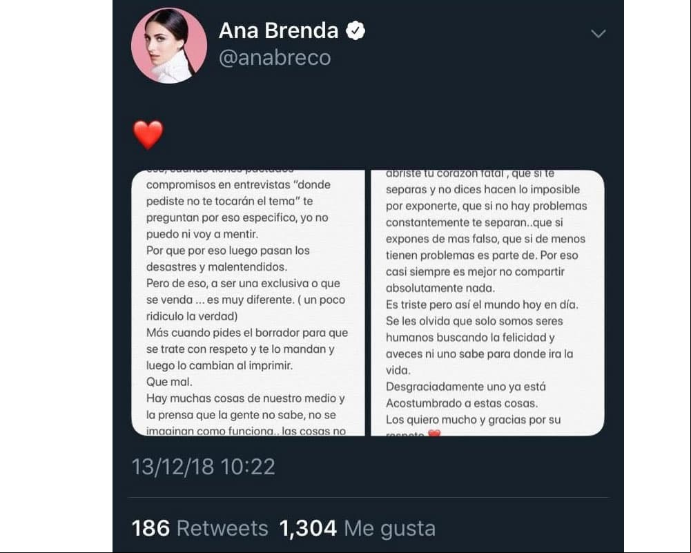 Twitter de Ana Brenda Contreras donde expresa su inconformidad ante publicación