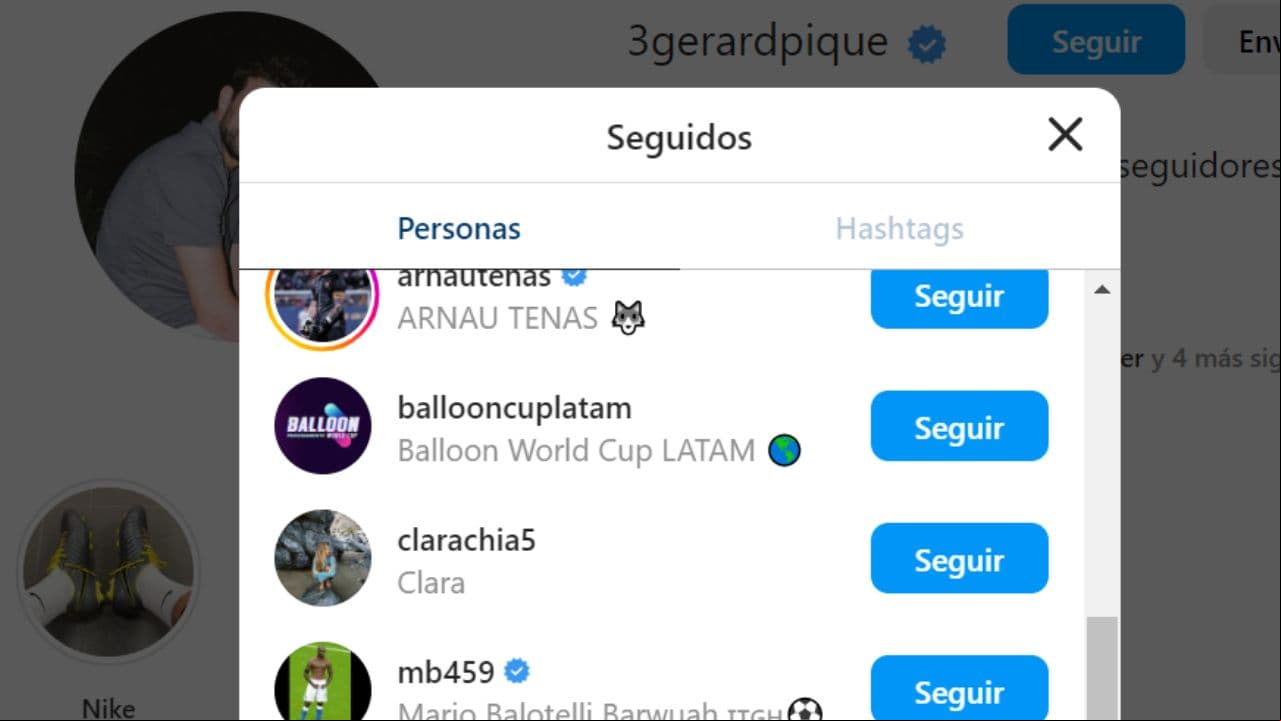 Perfil de Instagram de Piqué siguiendo a Clara Chía