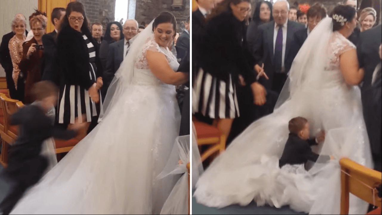 Niño se lanza al vestido de la novia cuando caminaba hacia el altar: video desata polémica