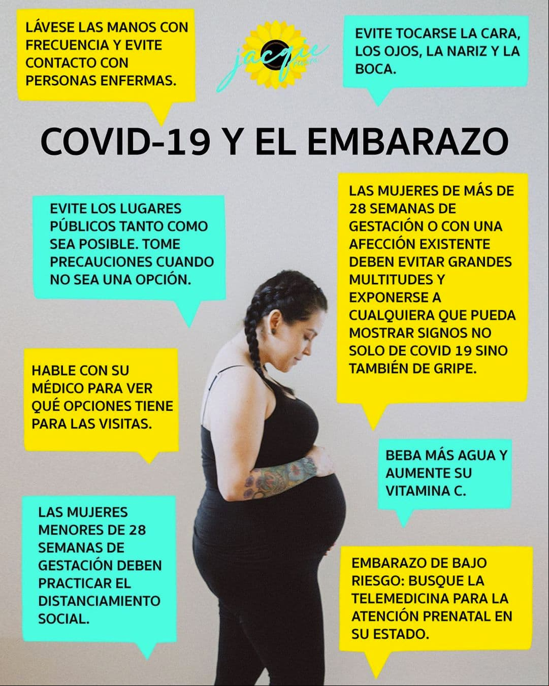 Tras la propagación del covid-19, un tipo de coronarivus, Jacqie compartió a finales de marzo, en la semana 34 de su dulce espera, algunas recomendaciones para las mujeres embarazadas en Instagram. “Tratando de mantener una actitud positiva y confiar en que Dios lo tiene todo bajo control, pero también tenemos que hacer nuestra parte, especialmente porque nuestro sistema inmune es más bajo de lo habitual cuando estamos embarazadas. Protégete a ti y a tu bebé”, escribió.