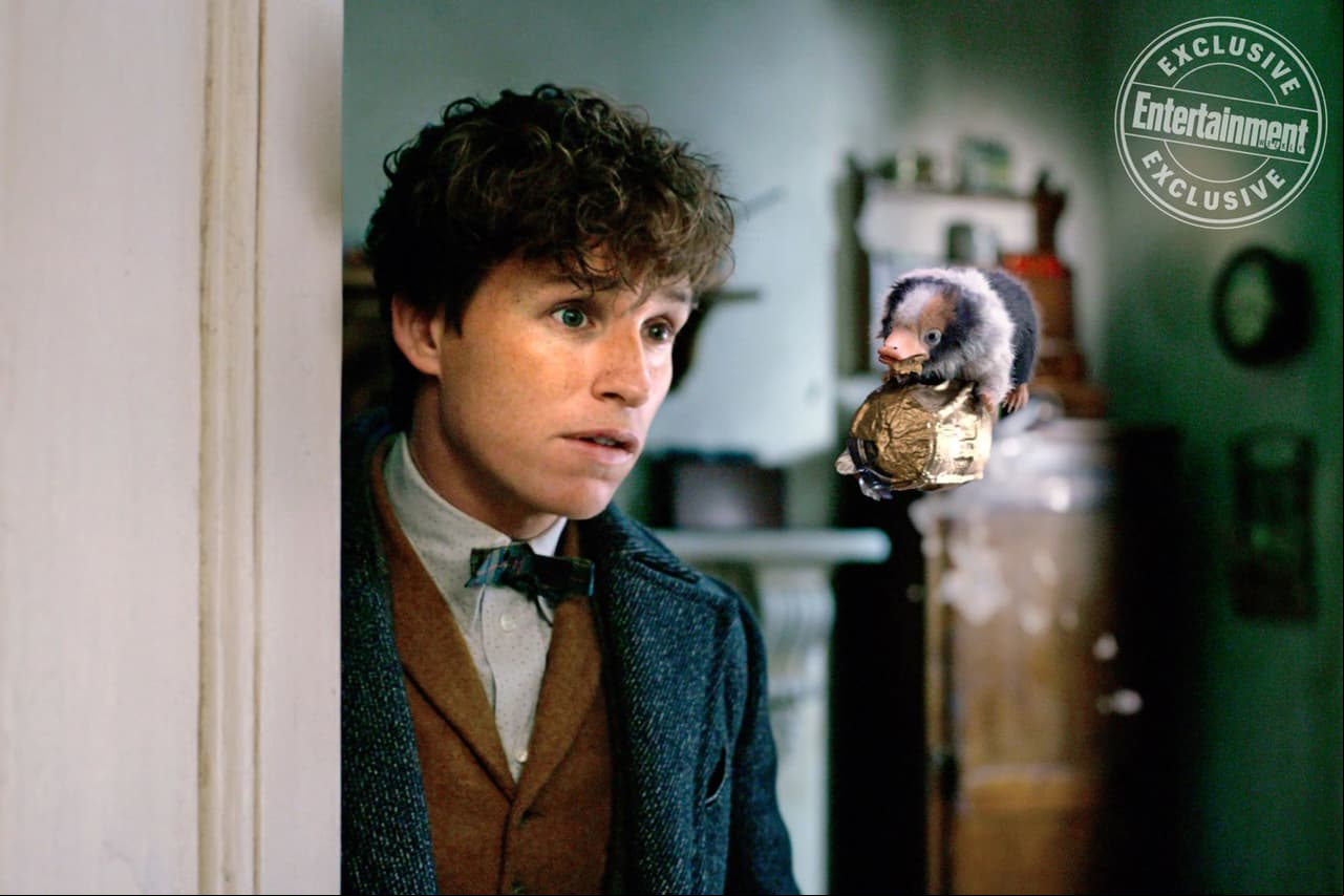 Eddie Redmayne en compañía de un escarbato bebé