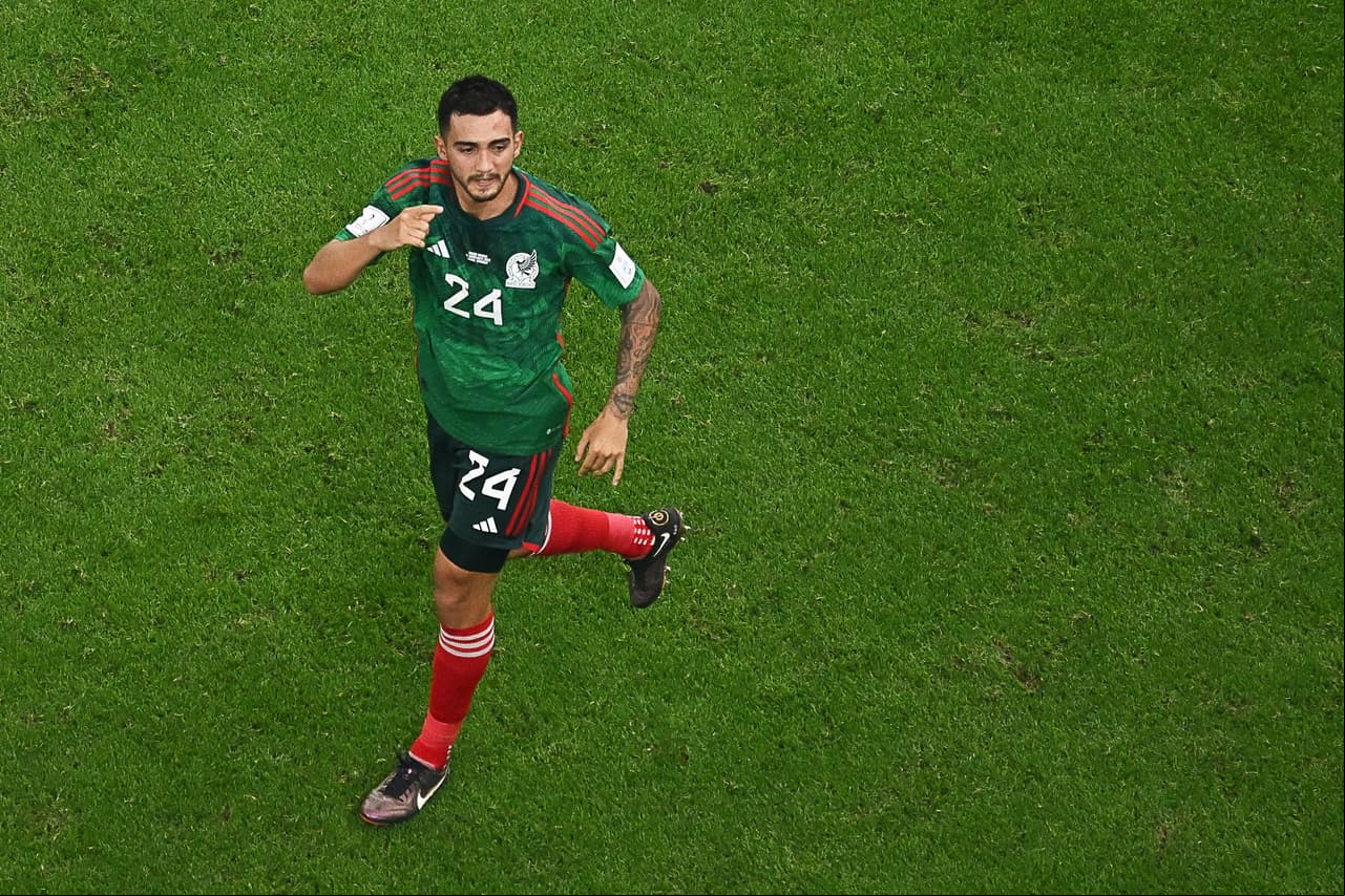 Mexico's midfielder #24 Luis Chavez celebrates scoring his team's second goal from a free-kick during the Qatar 2022 World Cup Group C football match between Saudi Arabia and Mexico at the Lusail Stadium in Lusail, north of Doha on November 30, 2022. (Photo by MANAN VATSYAYANA / AFP) (Photo by MANAN VATSYAYANA/AFP via Getty Images)