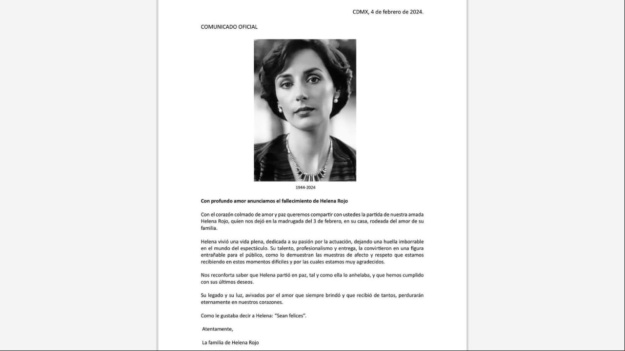 Comunicado de prensa sobre la muerte de Helena Rojo