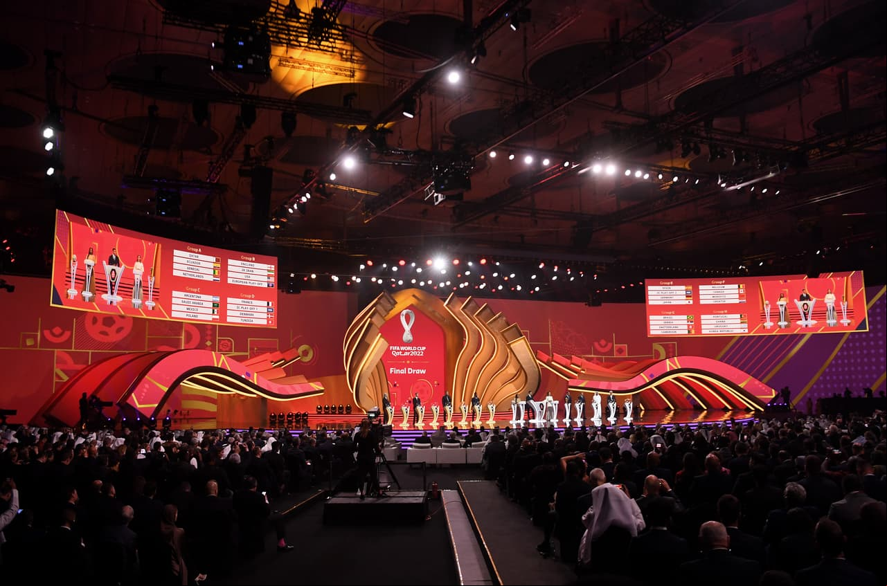 DOHA, QATAR - APRIL 01: A LED displays the Fifa World Cup Qatar 2022 Final Draw results during the FIFA World Cup Qatar 2022 Final Draw at the Doha Exhibition Center on April 01, 2022 in Doha, Qatar. (Photo by David Ramos/Getty Images)