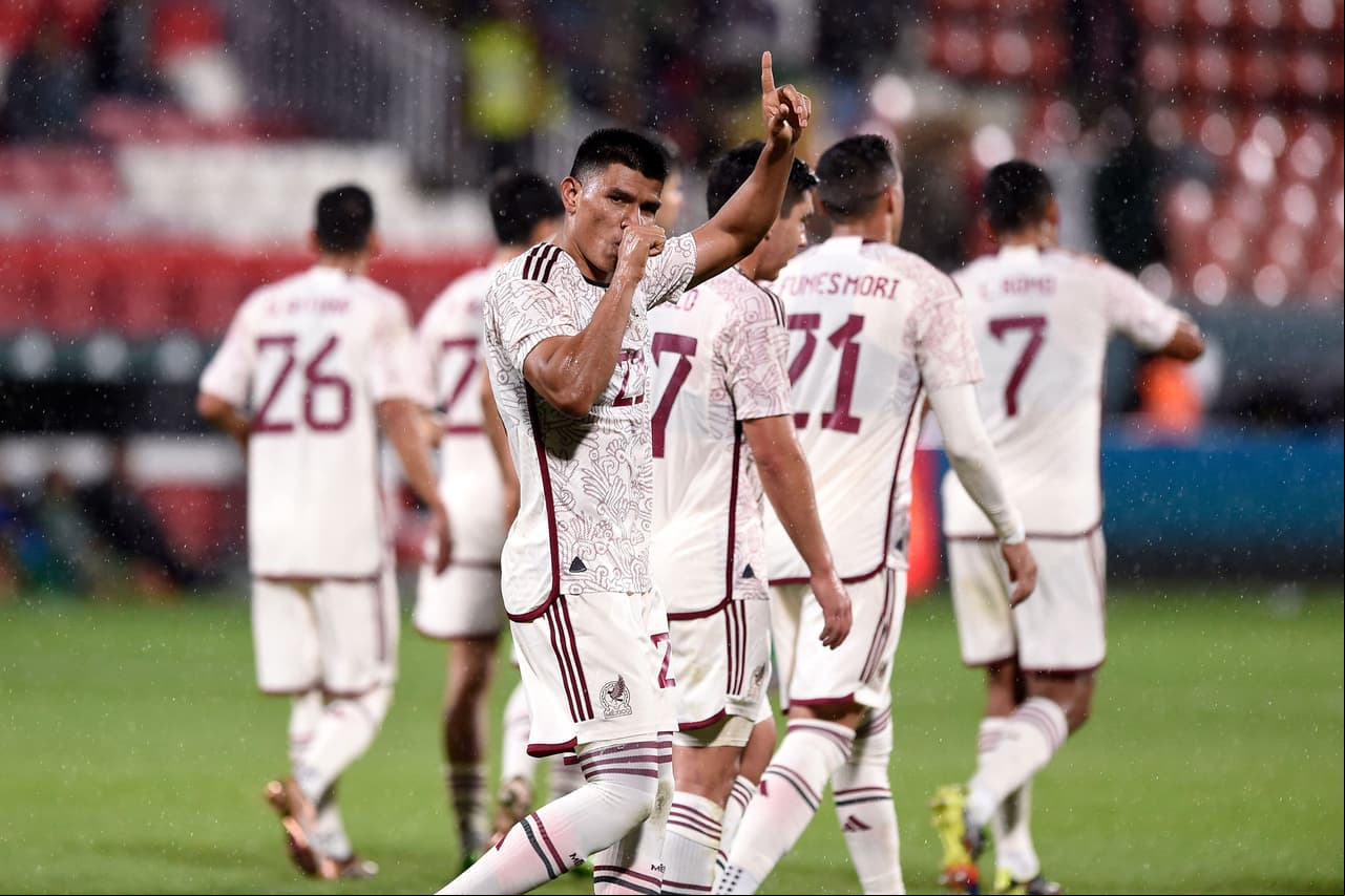 Mexico's defender Jesus Gallardo (C) celebrates scoring during the friendly international football match between Mexico and Iraq at the Montilivi stadium in Girona, on November 9, 2022. (Photo by Josep LAGO / AFP) (Photo by JOSEP LAGO/AFP via Getty Images)