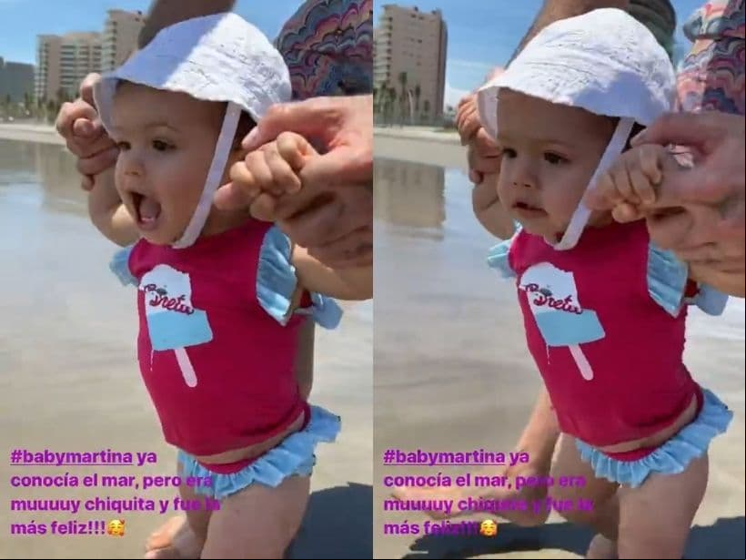 “La ultima vez que estuvo #babymartina en la playa, estaba muy chiquita y obviamente no se acuerda, me encantó la reacción cuando estuvo de frente y vio venir la ola, todo le emociona y la hace feliz”, agregó.