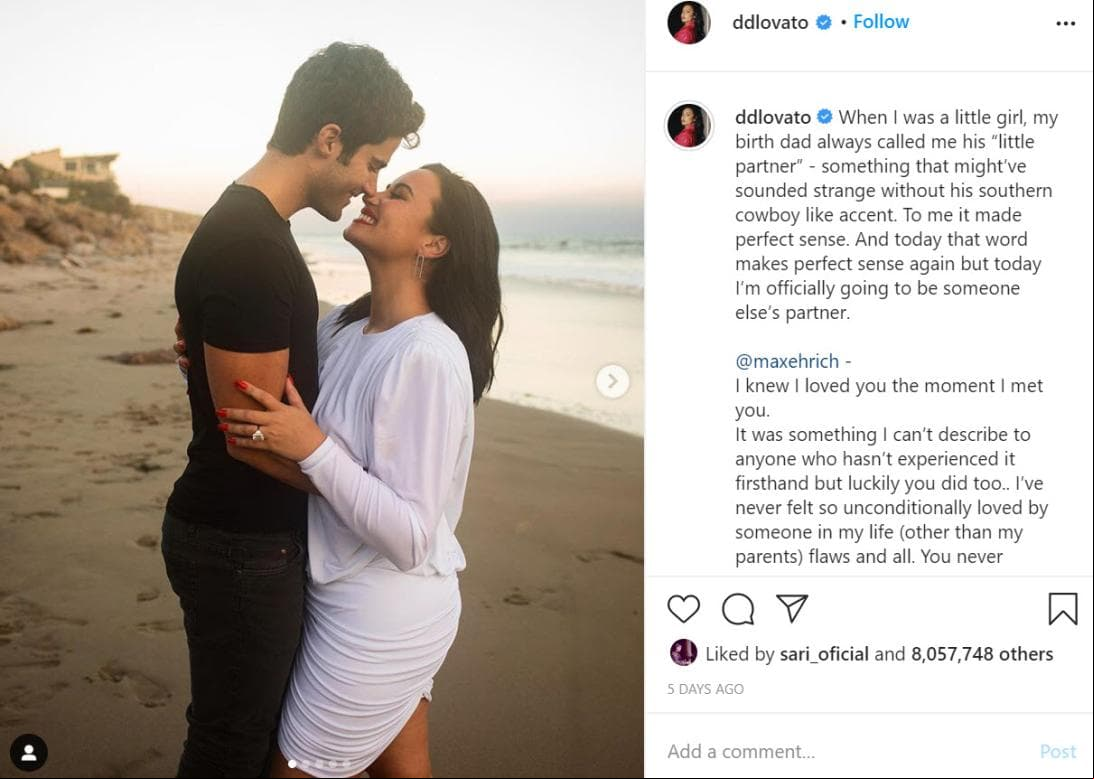 Dos meses después de haber anunciado su compromiso, Demi Lovato y Max Ehrich terminaron su noviazgo "para enfocarse en sus carreras” en septiembre pasado. La relación de la pareja únicamente duró 7 meses.