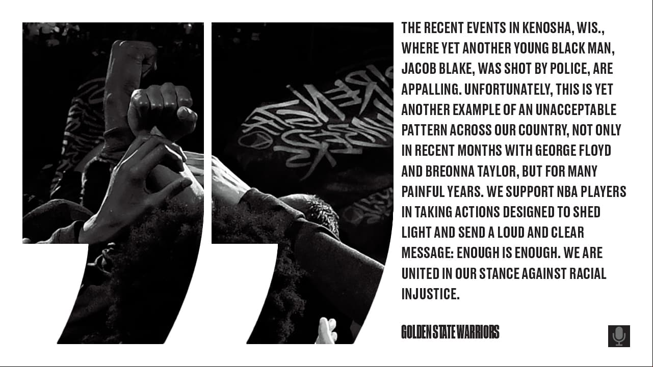 Golden State Warriors | Tras el caso de Jacob Blake, estos equipos se pronunciaron en contra del racismo a través de sus cuentas de redes sociales.