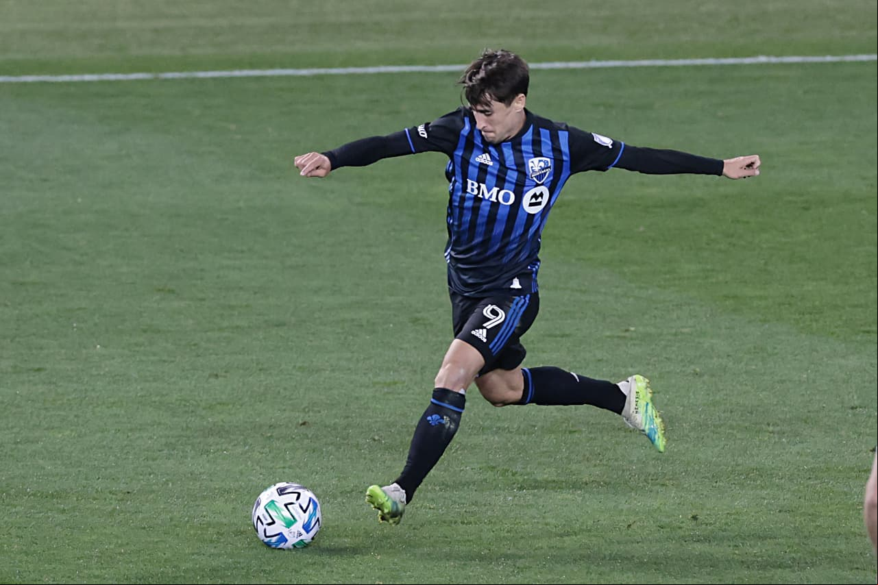 Oct 3, 2020; Harrison, New Jersey, USA; Montreal Impact forward Bojan Krkic (9) controls the ball against the Chicago Fire during the first half at Red Bull Arena. Mandatory Credit: Vincent Carchietta-USA TODAY Sports