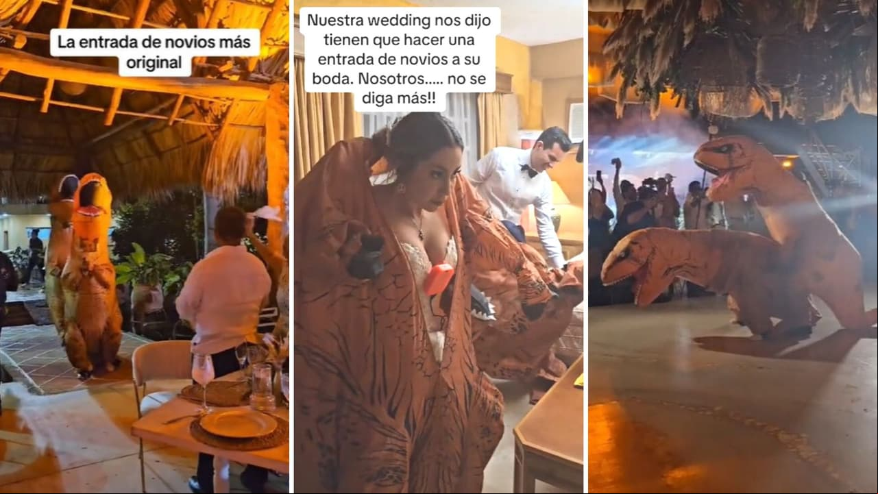 Novios se viste como dinosaurios y perrean su en boda