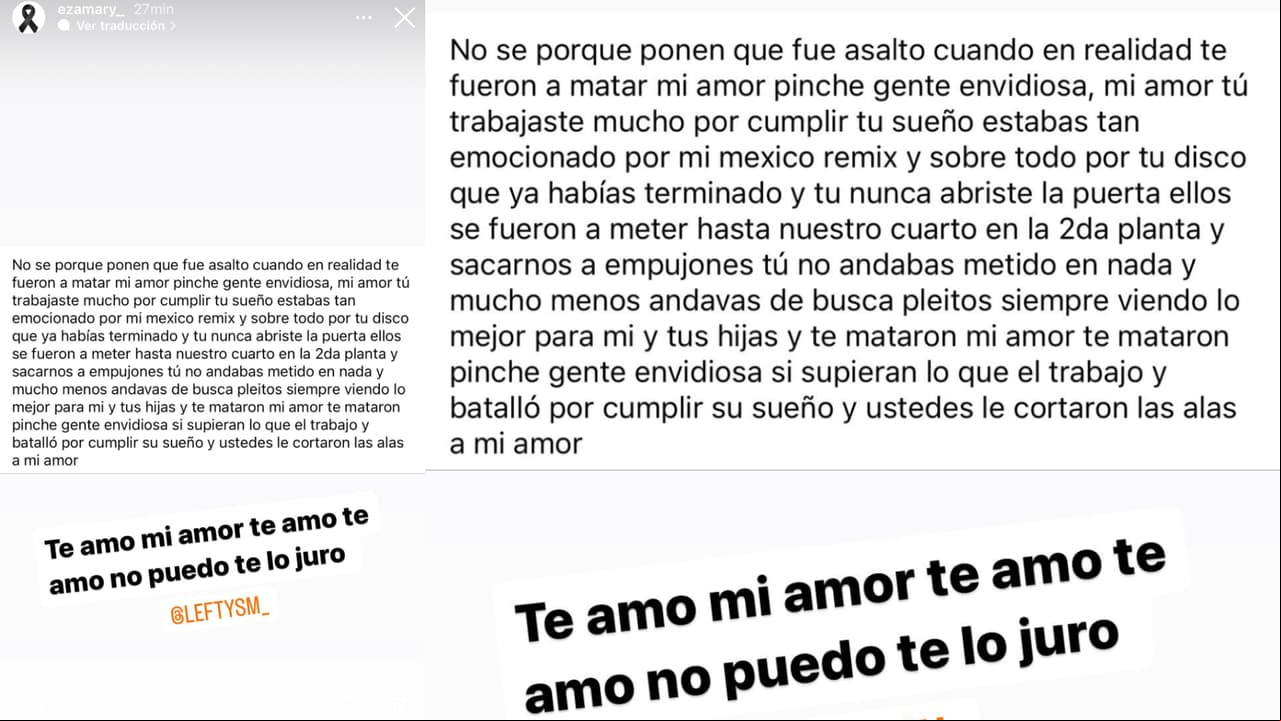 Este es el mensaje que la esposa de Lefty SM publicó en Instagram y en el que relata que los presuntos asesinos subieron a la habitación en que ella estaba con el cantante para matarlo.