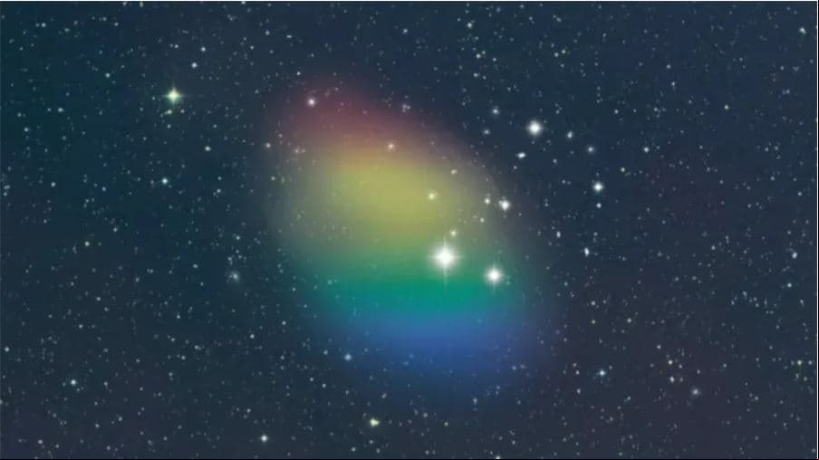 Representación artística del gas hidrógeno observado en la galaxia J0613+52. Los colores indican la probable rotación del gas en relación con el observador (rojo=lejos, azul=hacia). Esta imagen fue tomada usando un campo estelar de STScI POSS-II con ilustraciones adicionales de NSF/GBO/P.Vosteen.