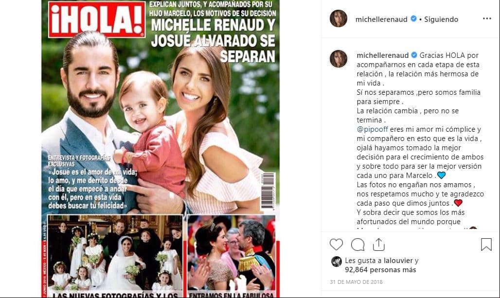 En medio de estos rumores, la estrella de ‘La reina soy yo’ confirmó, en mayo de 2018, a través de las páginas de la revista ¡Hola! su divorcio con Josué Alvarado, con quien duró cinco años de noviazgo y dos de casada. La expareja dio la bienvenida a su hijo Marcelo en marzo de 2017.