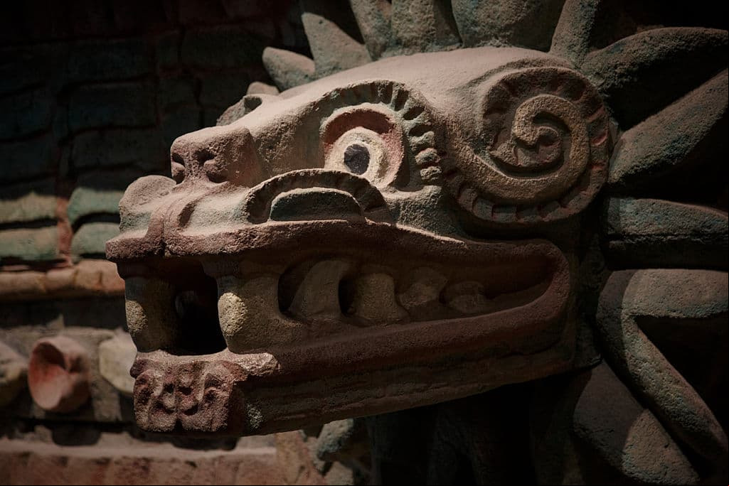 Quetzalcoatl, the feathered serpent at the Teotihuacan Hall, the first great Mexican city, is seen at the Museo Nacional de Antropologia in Mexico City, Mexico, September 20, 2015. (Photo by John Gress/Corbis via Getty Images)