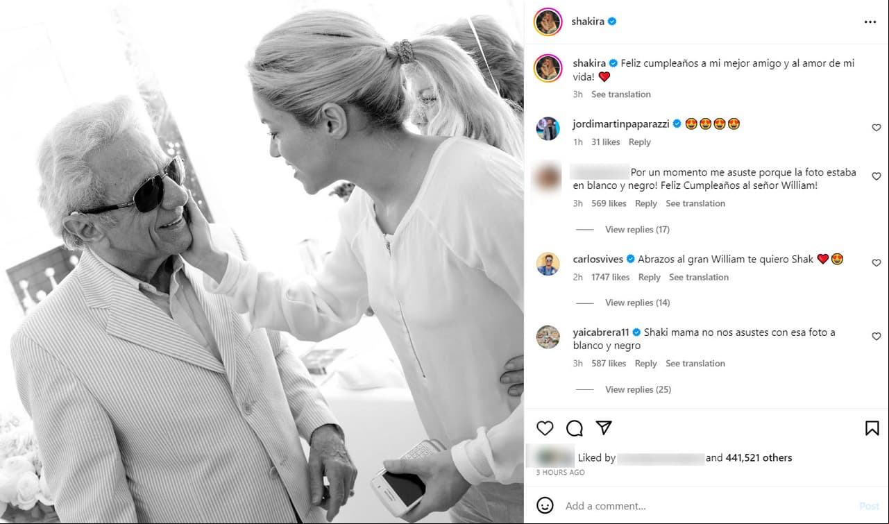 Shakira felicita a su padre en su cumleaños 92.